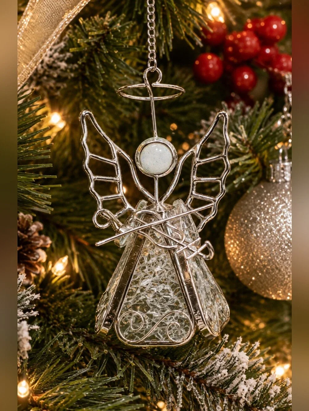 Glass Harp Angel Christmas Ornament Hanging Suncatcher Silver Metal 5